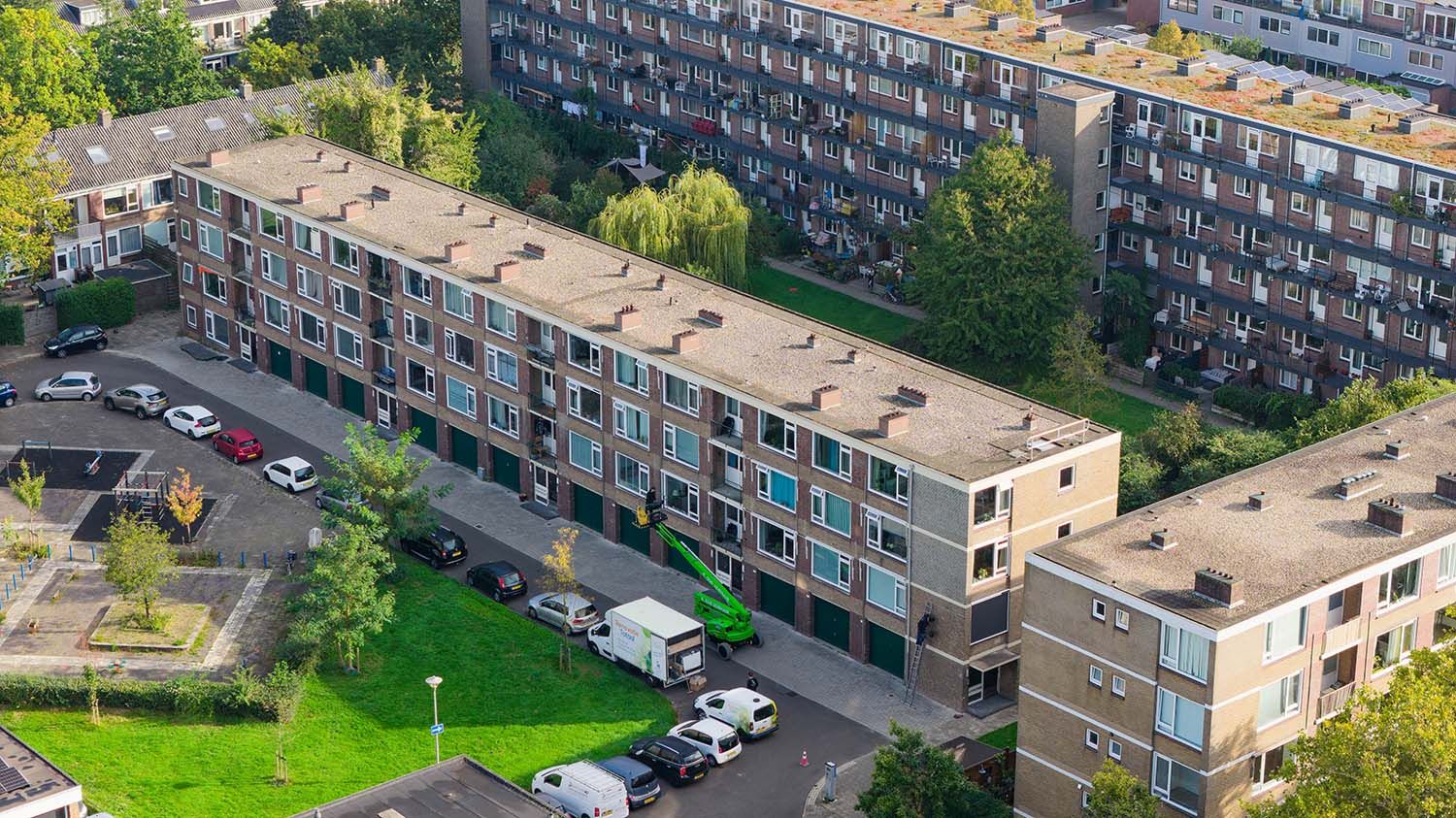 Aerial view of an apartment block owned by an owners association in the Toolenburg area of Hoofddorp